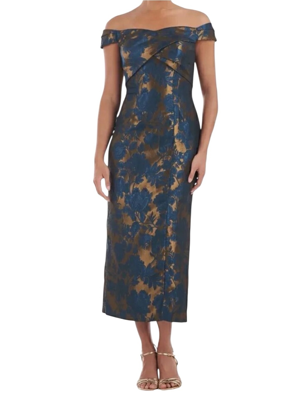 Kate Unger Sapphire Blue &Gold Alessia Off the shoulder Jacquad Midi dress size4